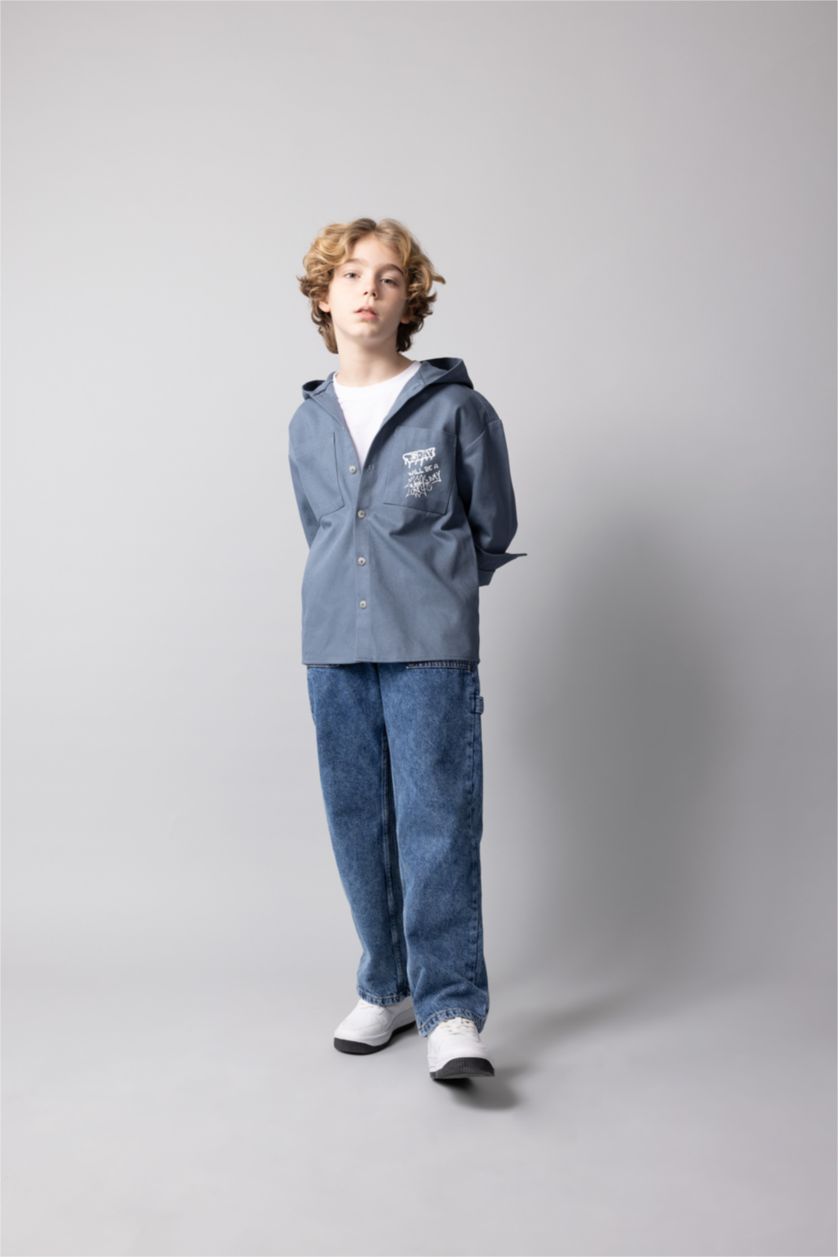 BOYS & TEENS Blue Boy Hooded Gabardine Long Sleeve Shirt