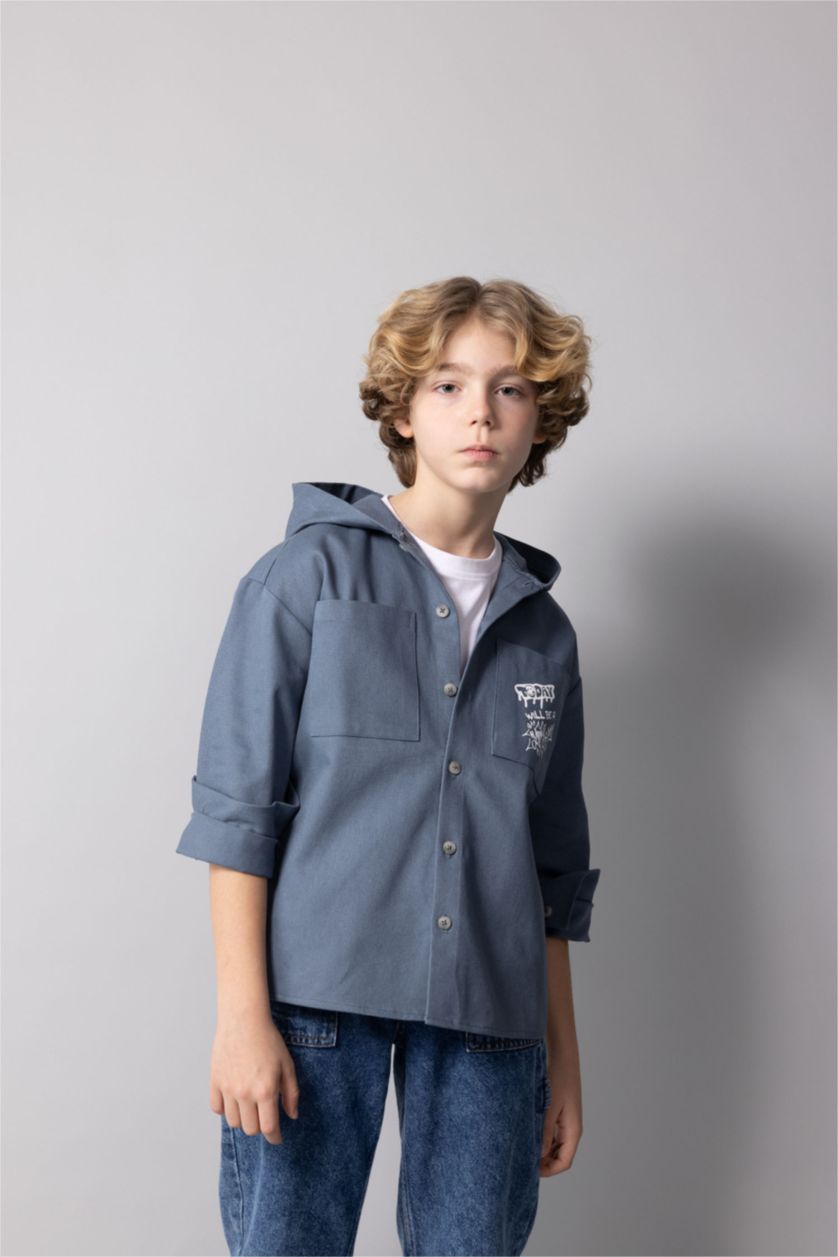BOYS & TEENS Blue Boy Hooded Gabardine Long Sleeve Shirt