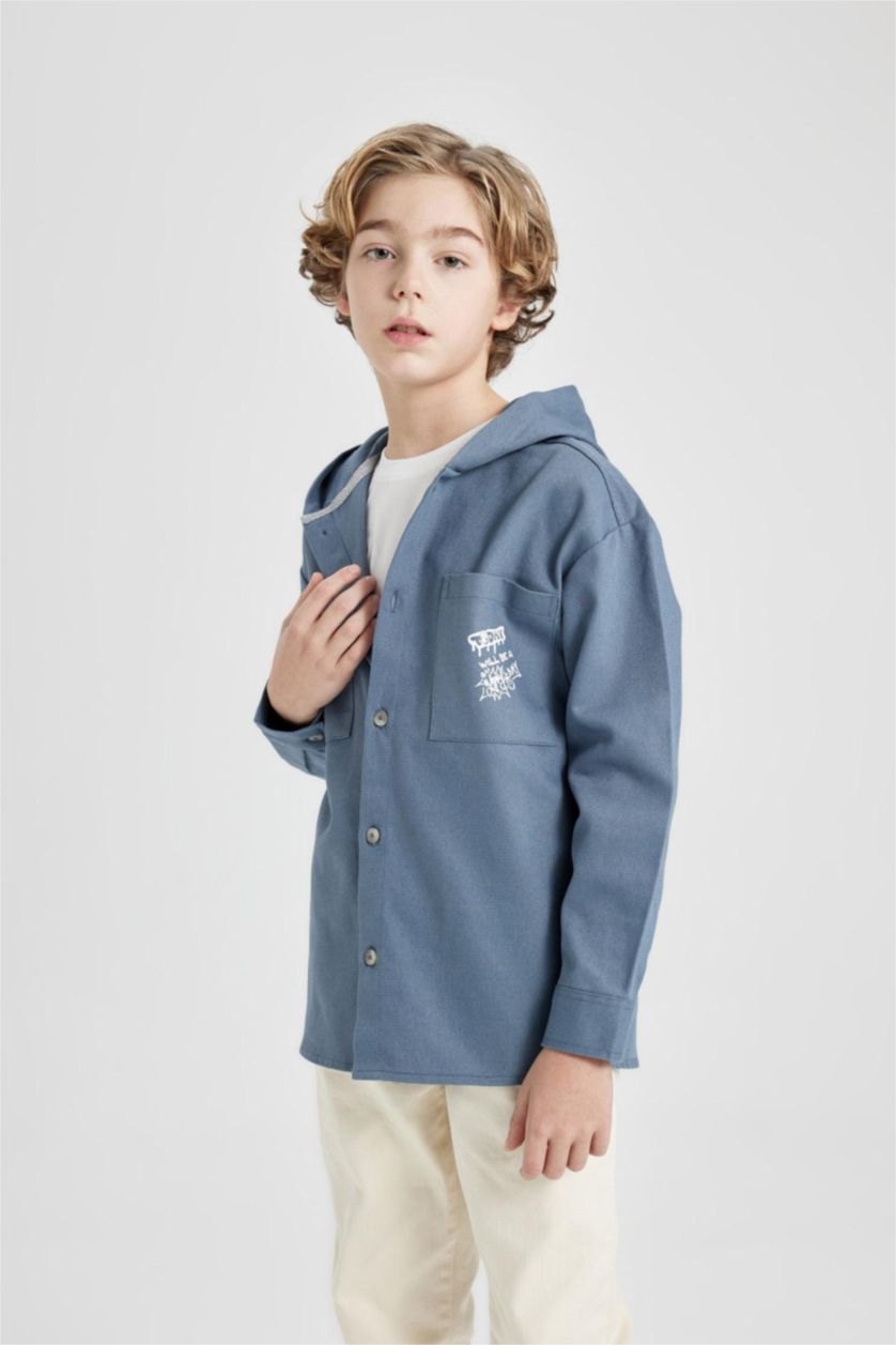 BOYS & TEENS Blue Boy Hooded Gabardine Long Sleeve Shirt