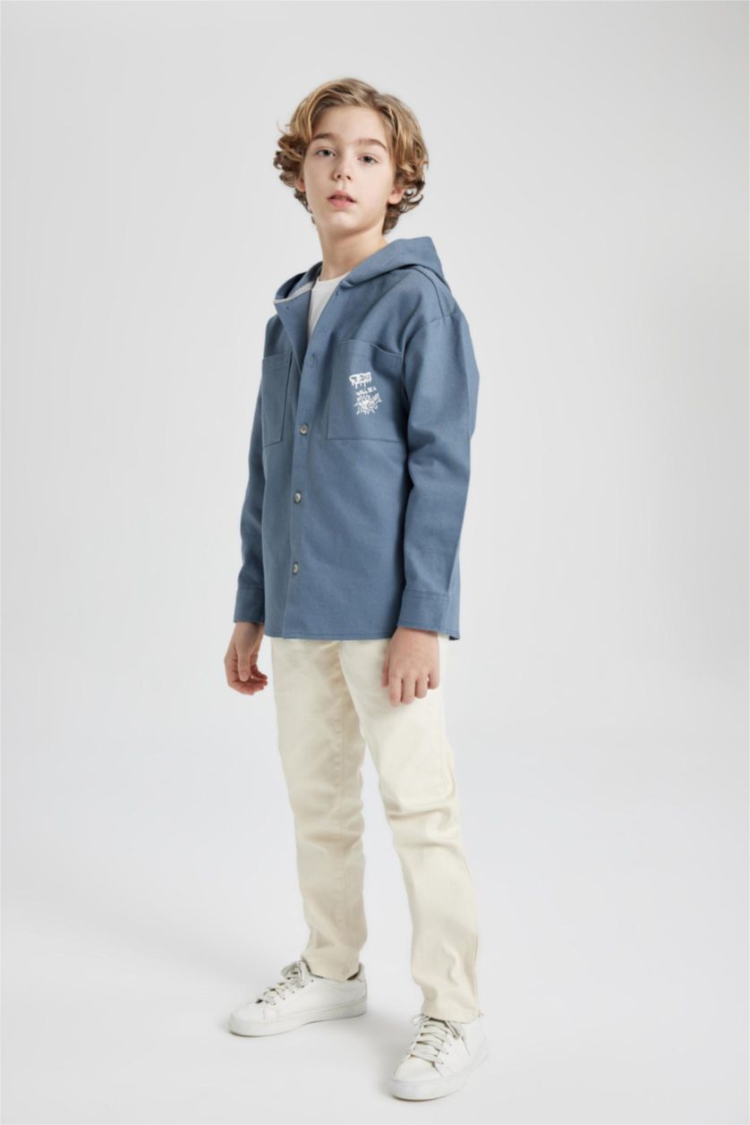 BOYS & TEENS Blue Boy Hooded Gabardine Long Sleeve Shirt