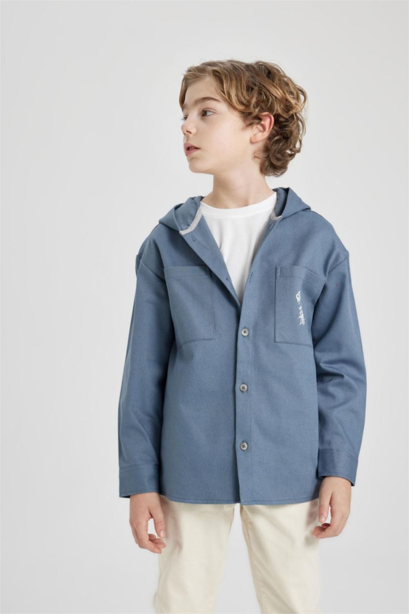 BOYS & TEENS Blue Boy Hooded Gabardine Long Sleeve Shirt