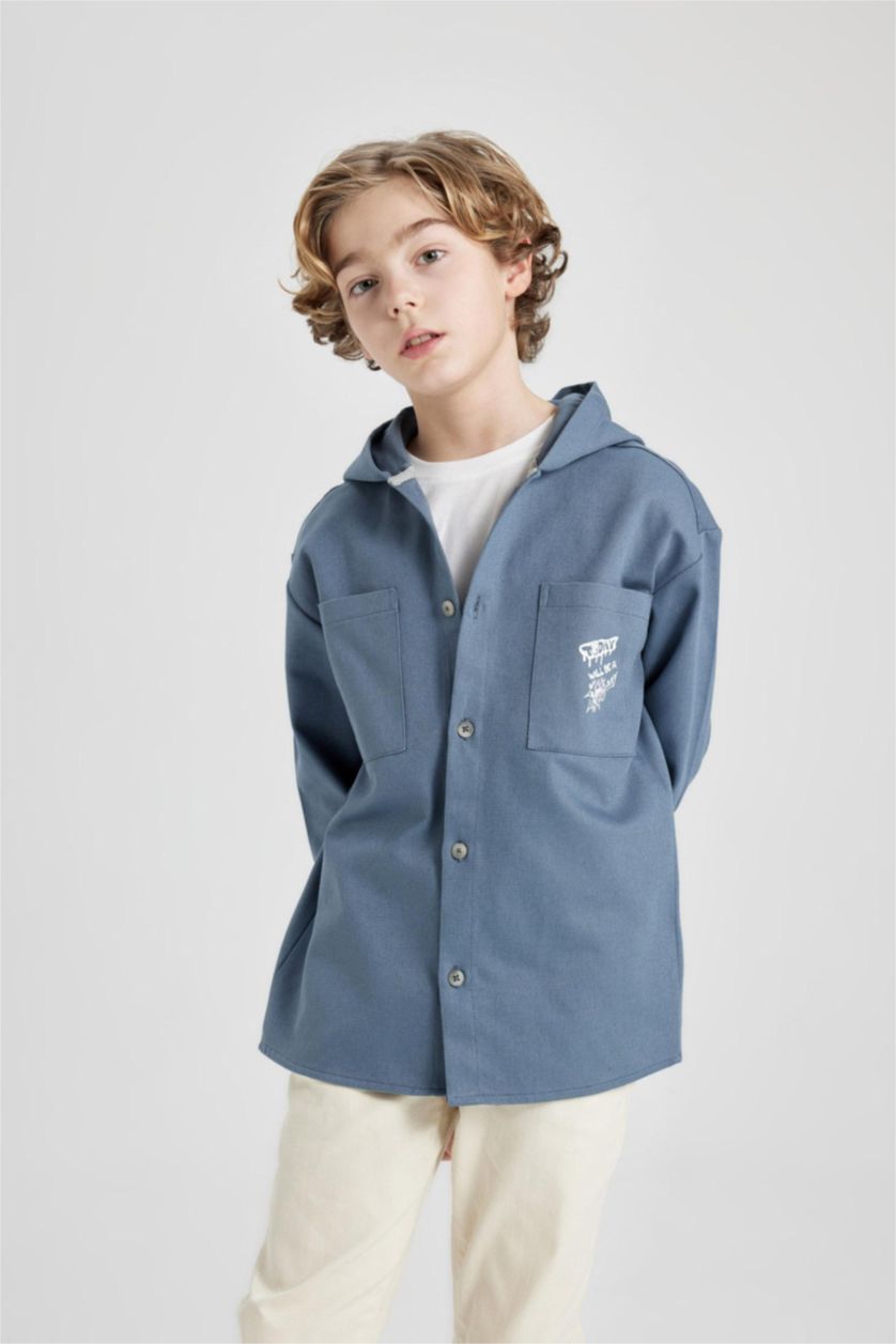 BOYS & TEENS Blue Boy Hooded Gabardine Long Sleeve Shirt