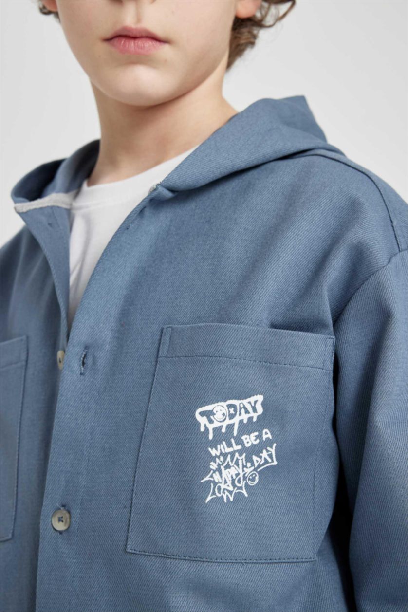 BOYS & TEENS Blue Boy Hooded Gabardine Long Sleeve Shirt