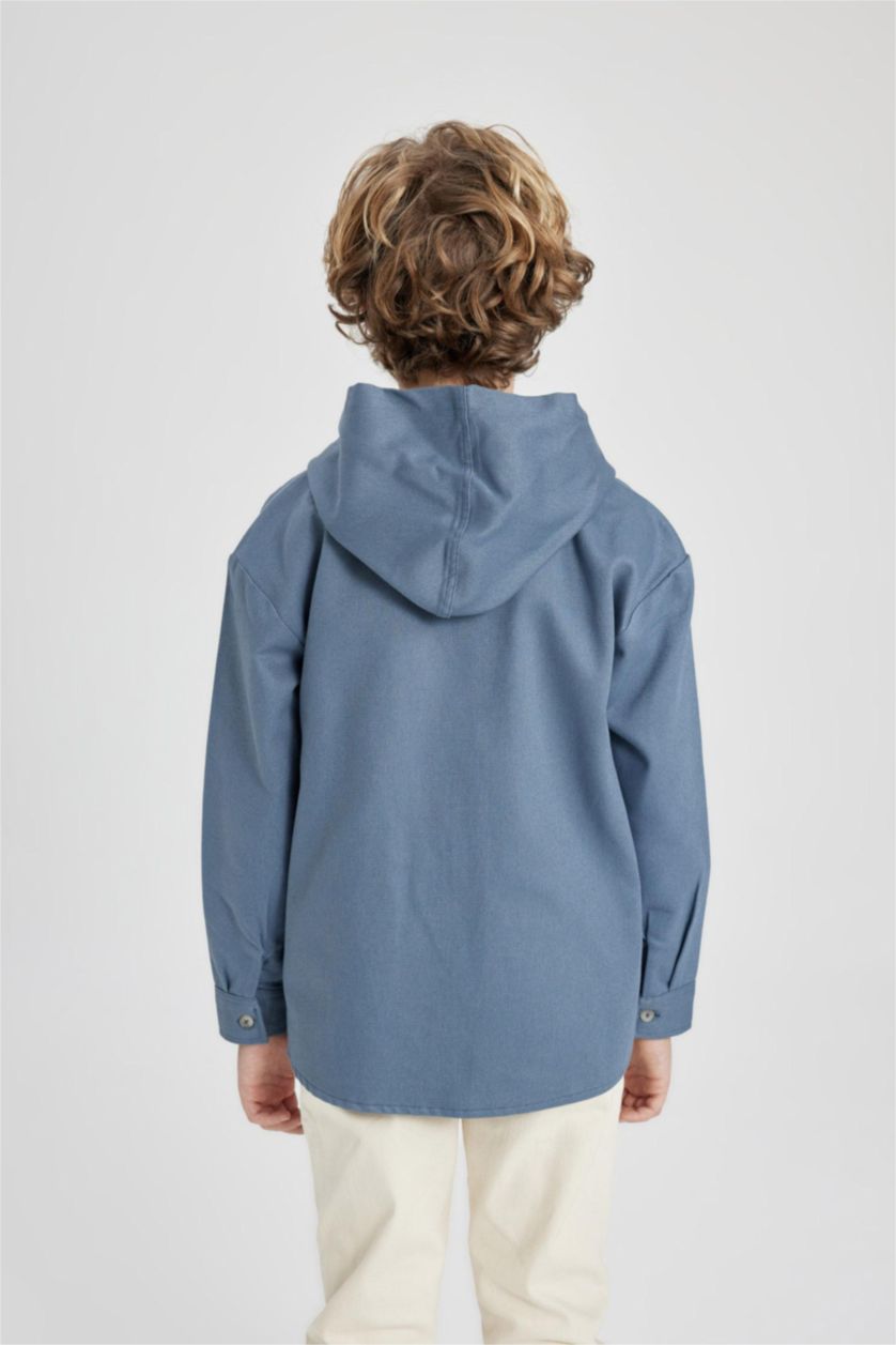 BOYS & TEENS Blue Boy Hooded Gabardine Long Sleeve Shirt