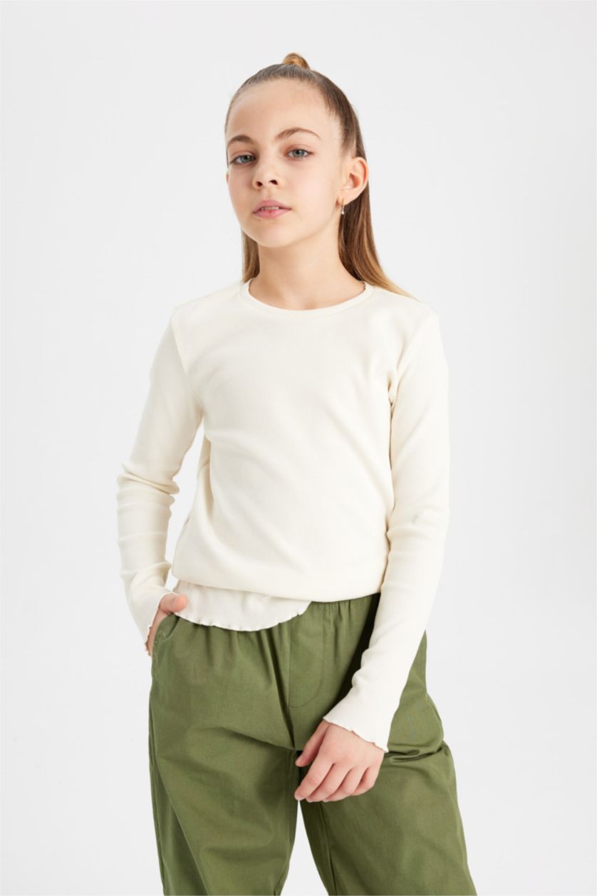 GIRLS & TEENS Ecru Girl Slim Fit Crew Neck Ribbed T-Shirt