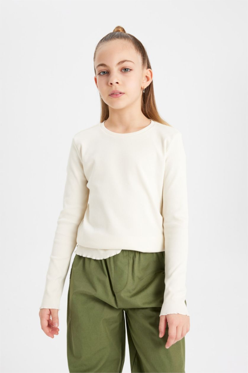 GIRLS & TEENS Ecru Girl Slim Fit Crew Neck Ribbed T-Shirt