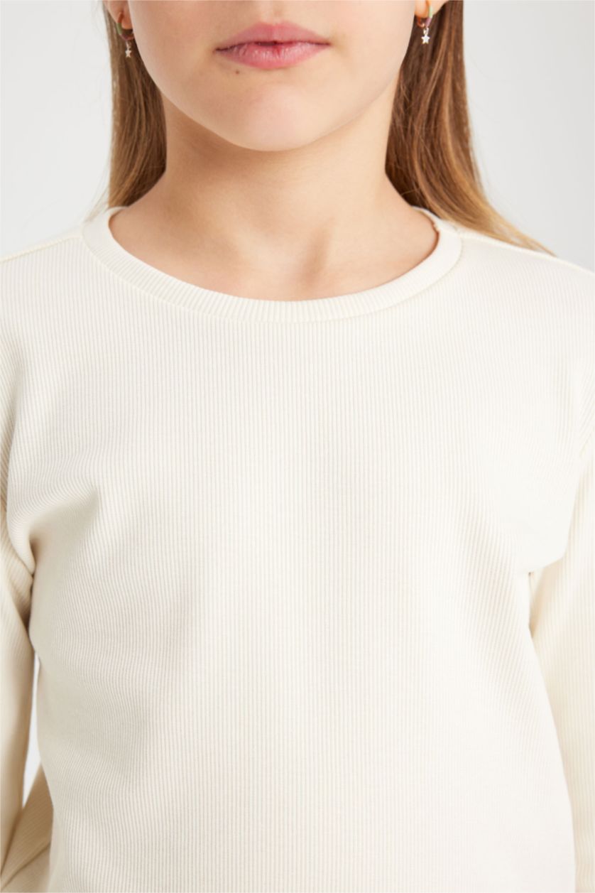 GIRLS & TEENS Ecru Girl Slim Fit Crew Neck Ribbed T-Shirt