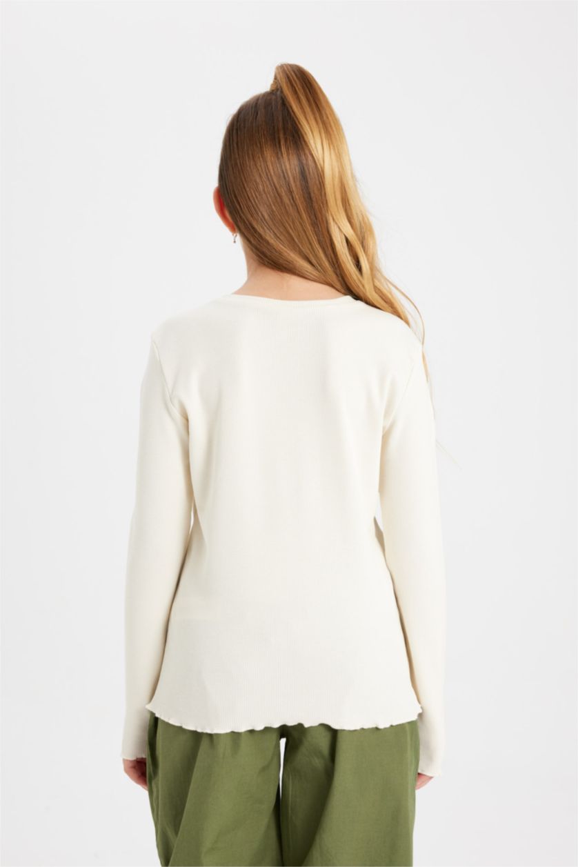 GIRLS & TEENS Ecru Girl Slim Fit Crew Neck Ribbed T-Shirt