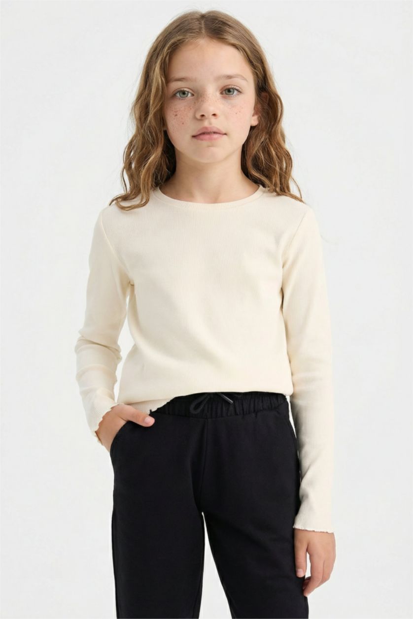 GIRLS & TEENS Ecru Girl Slim Fit Crew Neck Rib T-Shirt