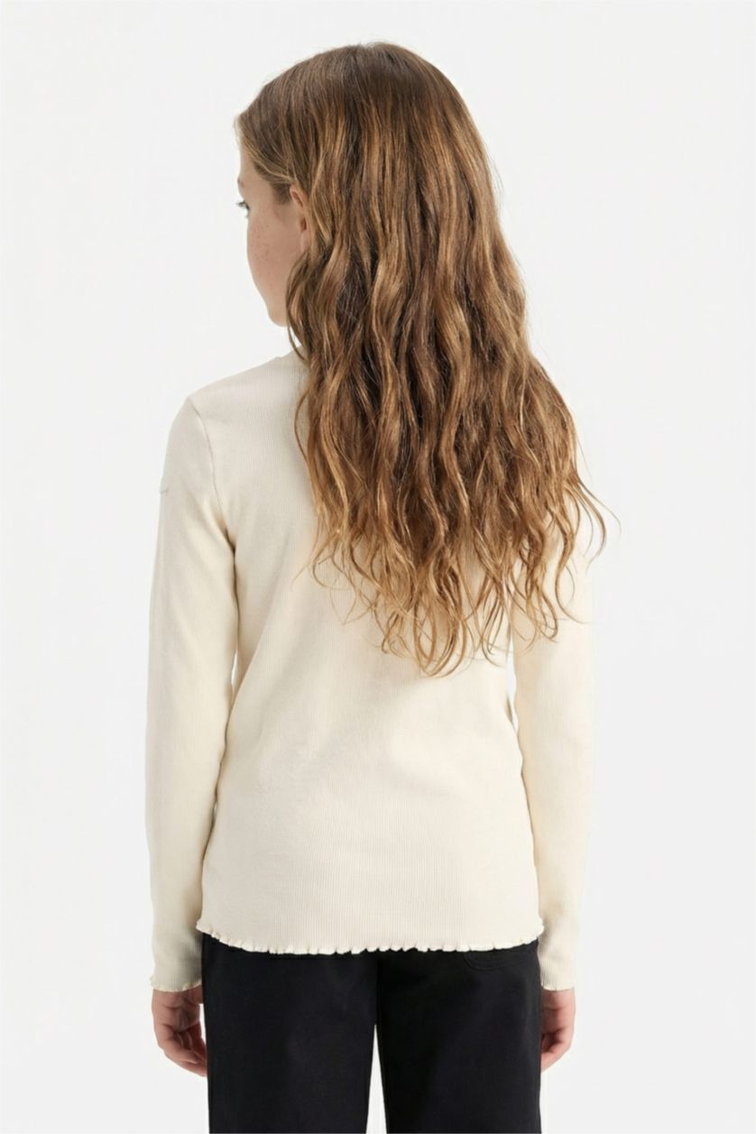 GIRLS & TEENS Ecru Girl Slim Fit Crew Neck Rib T-Shirt