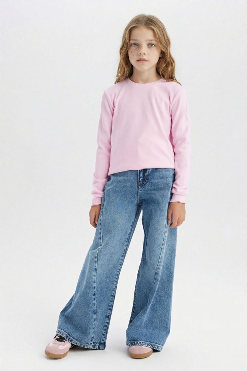 FILLES Rose T-shirt slim basique à manches longues et col rond pour fille