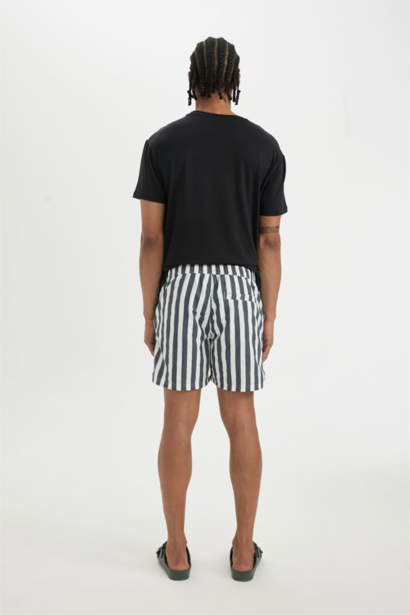 Man White Striped Mesh Lined Short Swim Shorts