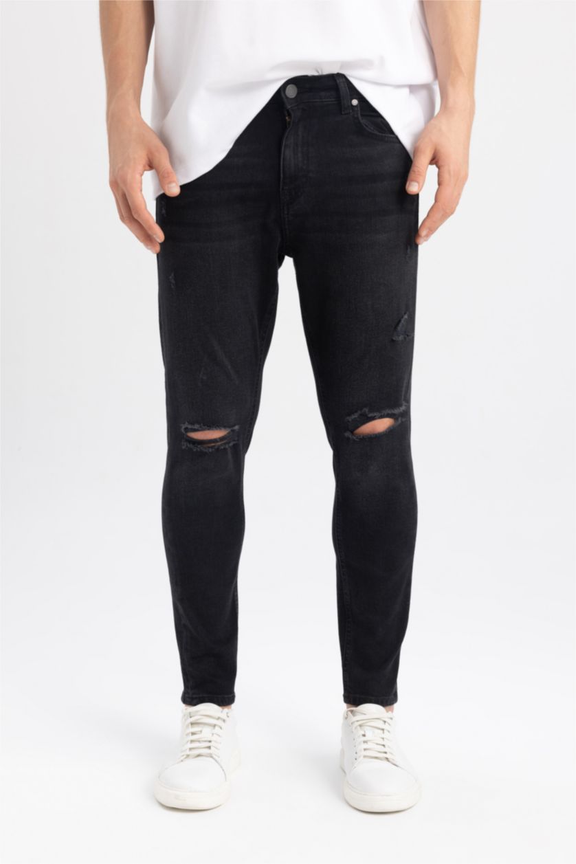 HOMME Noir Pantalon Jean Coupe Carotte avec Détails Déchirés