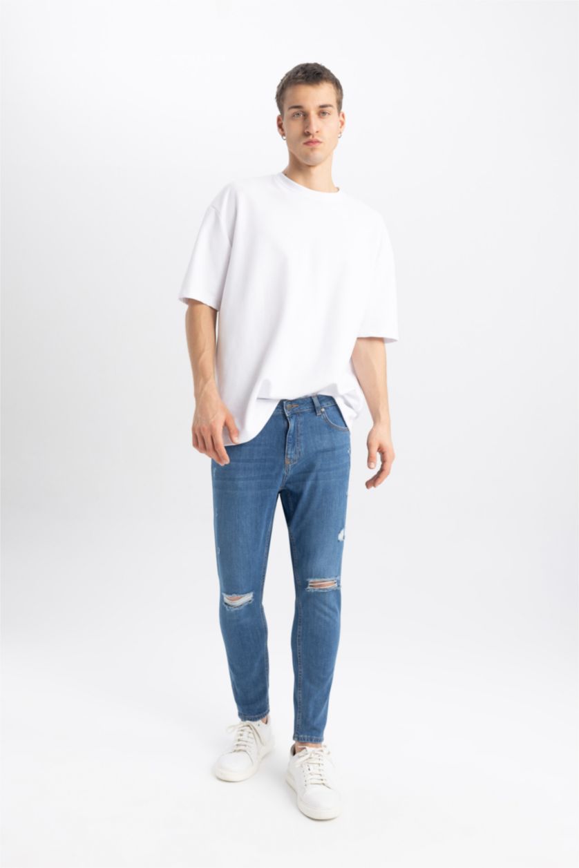 رجالي أزرق بنطلون جينز كاروت فيت ممزق