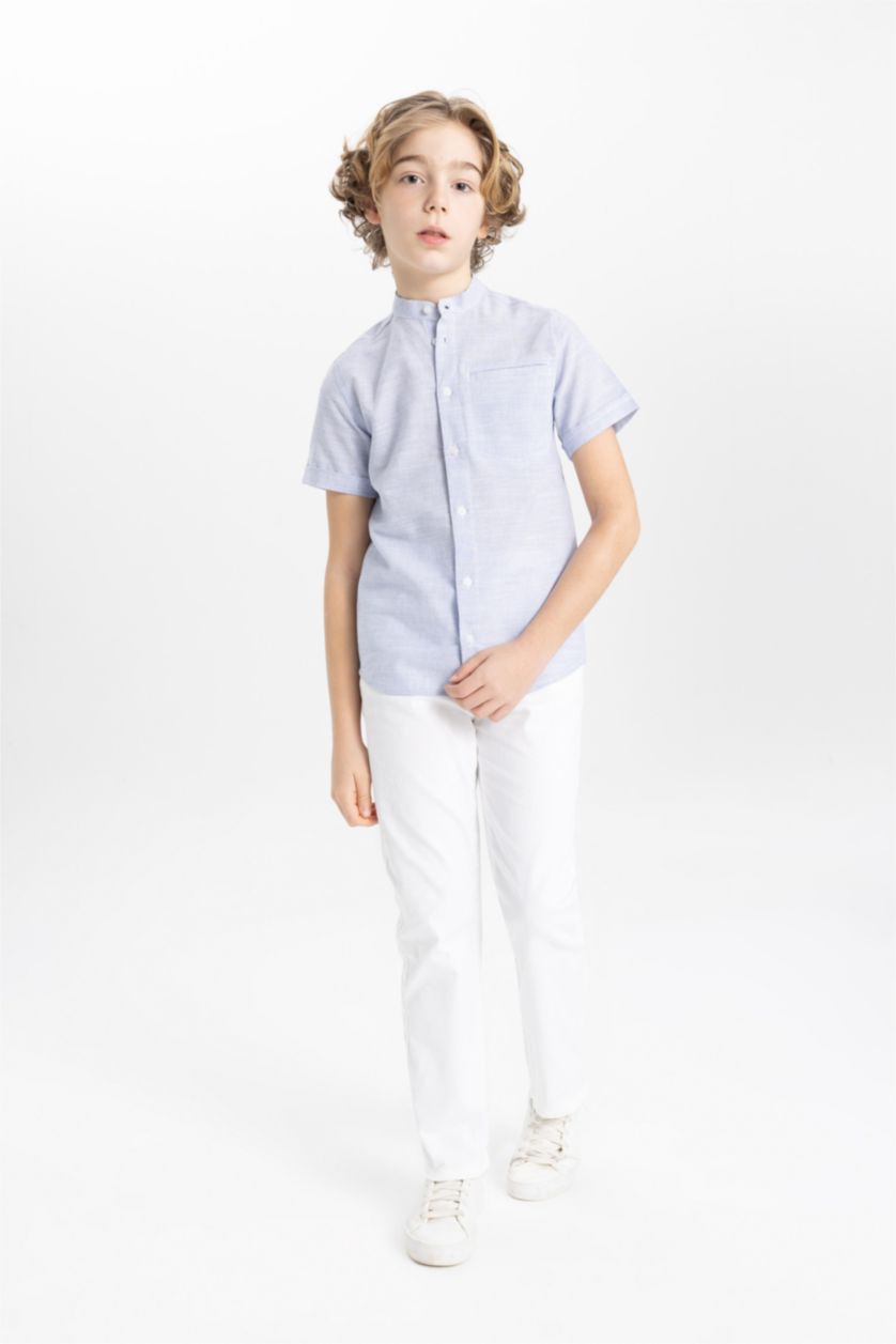 Boys & Teens Light Blue Boy Regular Fit Stand Collar Linen Look Shirt