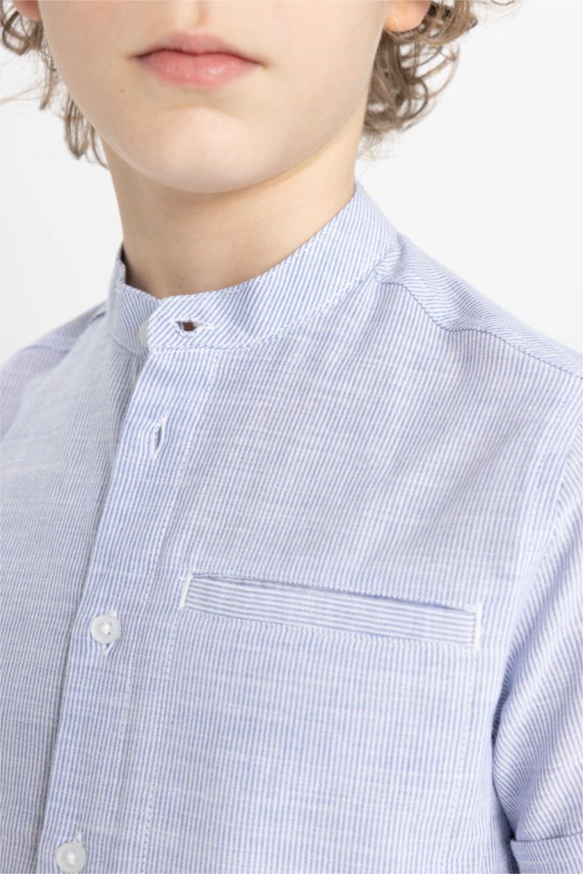 Boys & Teens Light Blue Boy Regular Fit Stand Collar Linen Look Shirt