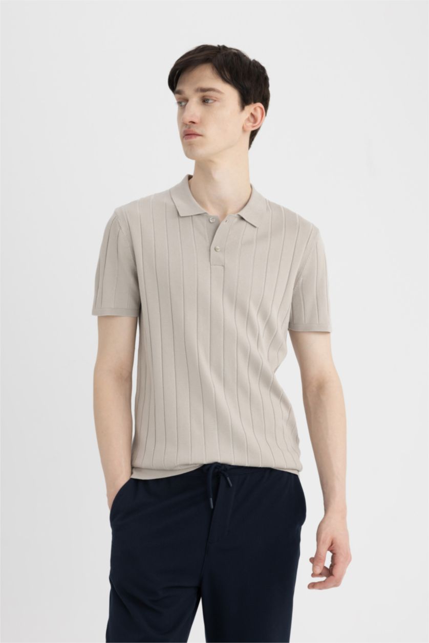 HOMME Beige T-Shirt Polo en tricot Slim à Manches Courtes