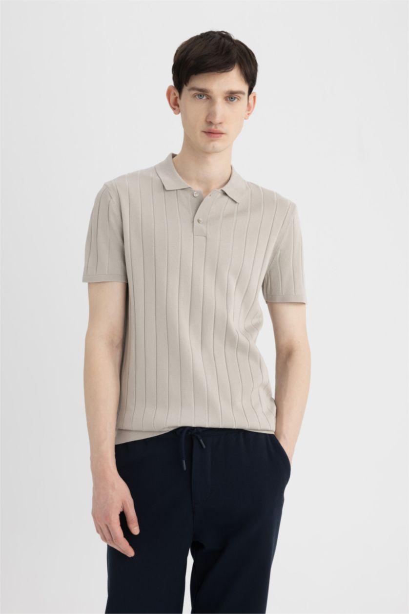 HOMME Beige T-Shirt Polo en tricot Slim à Manches Courtes