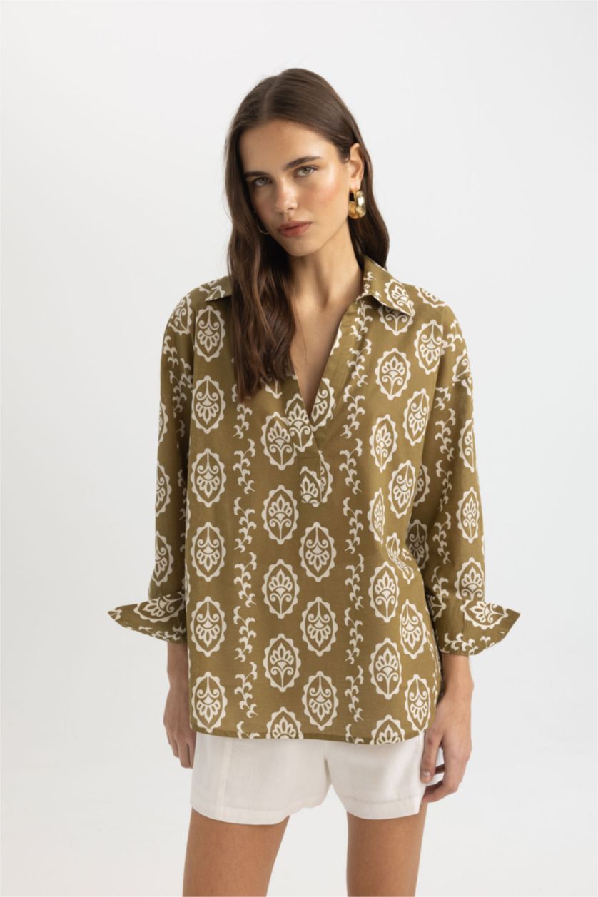 نساء كاكي بلوزة كم طويل واسع برقبة مدورة