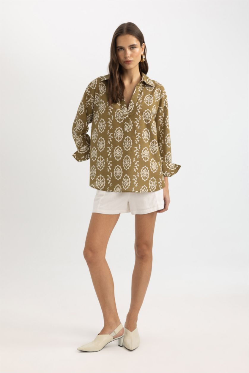 نساء كاكي بلوزة كم طويل واسع برقبة مدورة