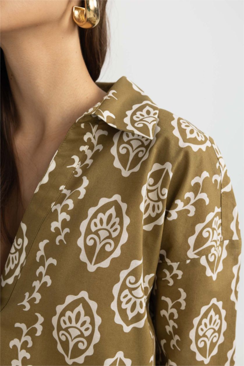 نساء كاكي بلوزة كم طويل واسع برقبة مدورة