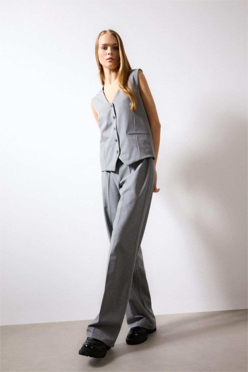 WOMAN Light Grey Melange Wide Leg High Waist Standard Trousers
