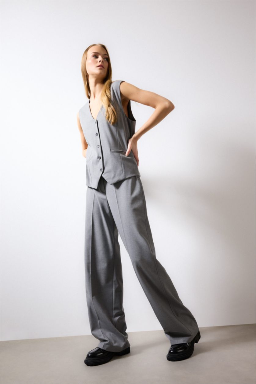 WOMAN Light Grey Melange Wide Leg High Waist Standard Trousers