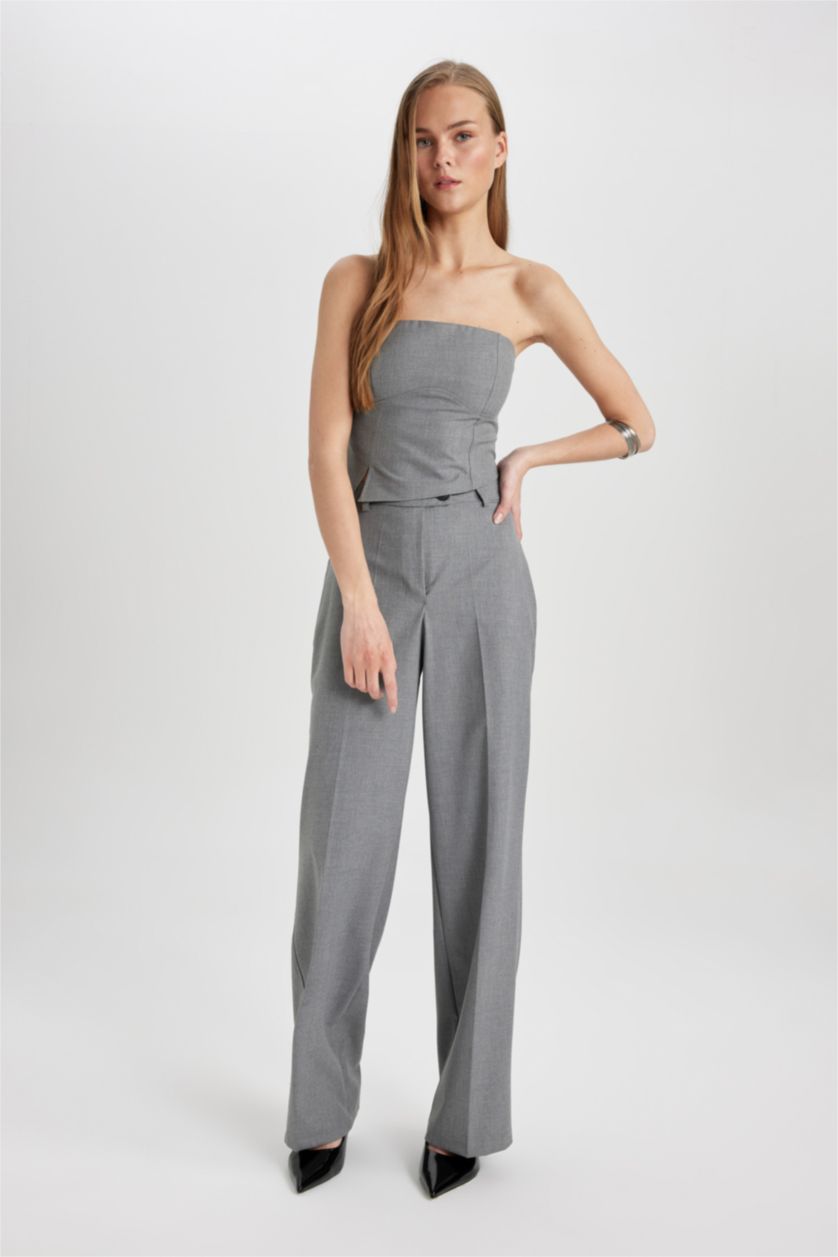 WOMAN Light Grey Melange Wide Leg High Waist Standard Trousers