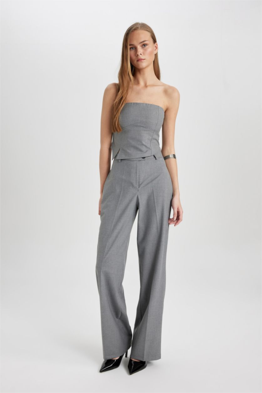 WOMAN Light Grey Melange Wide Leg High Waist Standard Trousers
