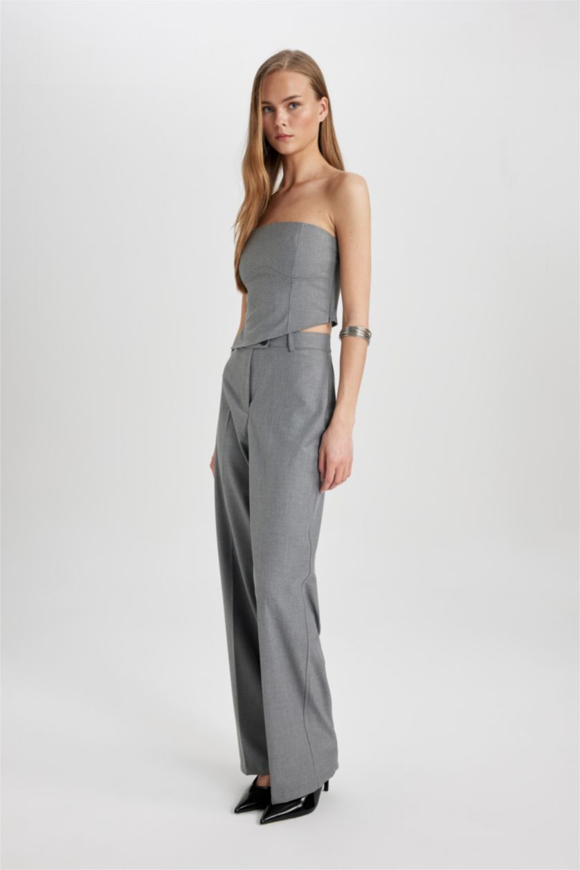 WOMAN Light Grey Melange Wide Leg High Waist Standard Trousers