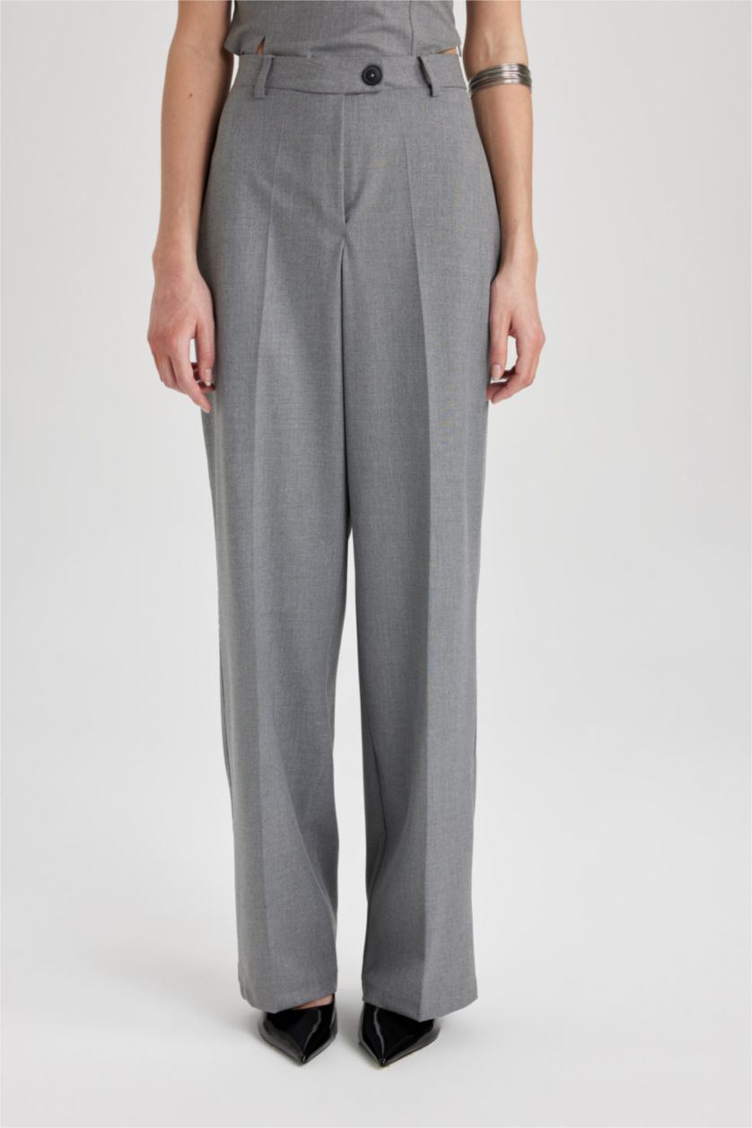 WOMAN Light Grey Melange Wide Leg High Waist Standard Trousers