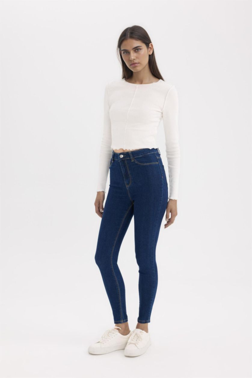 Kadın Koyu Mavi Jegging Yüksek Bel Bilek Boy Dar Paça Basıc Jean Pantolon