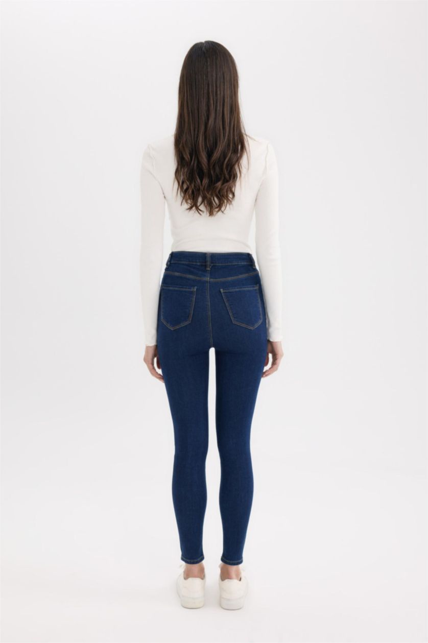 Kadın Koyu Mavi Jegging Yüksek Bel Bilek Boy Dar Paça Basıc Jean Pantolon