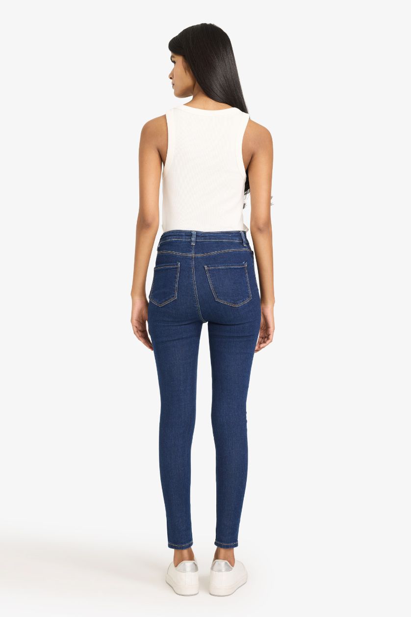 Kadın Koyu Mavi Yüksek Bel Bilek Boy Jean Pantolon