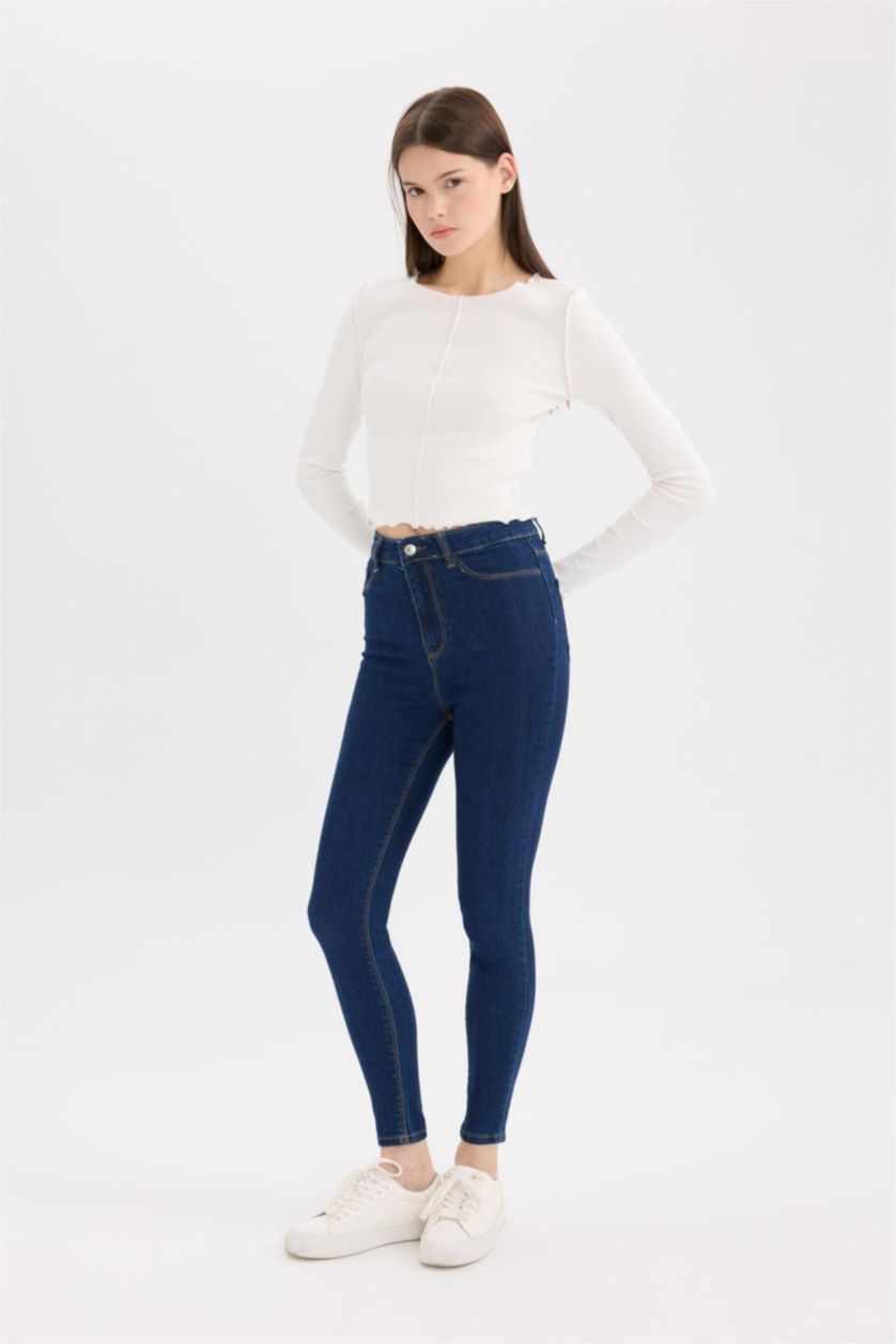 WOMAN Dark Blue High Waist Ankle Length Skinny Leg Basic Jeans