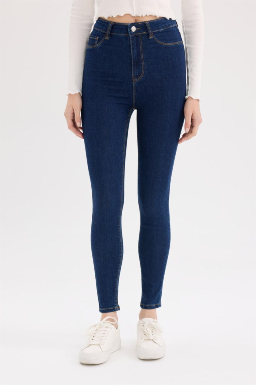 WOMAN Dark Blue High Waist Ankle Length Skinny Leg Basic Jeans