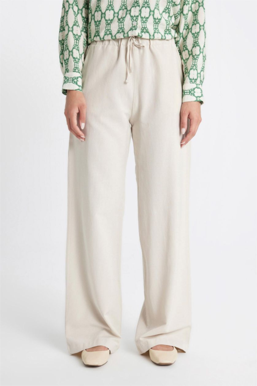 FEMME Beige Pantalon Palazzo en Lin Mélangé