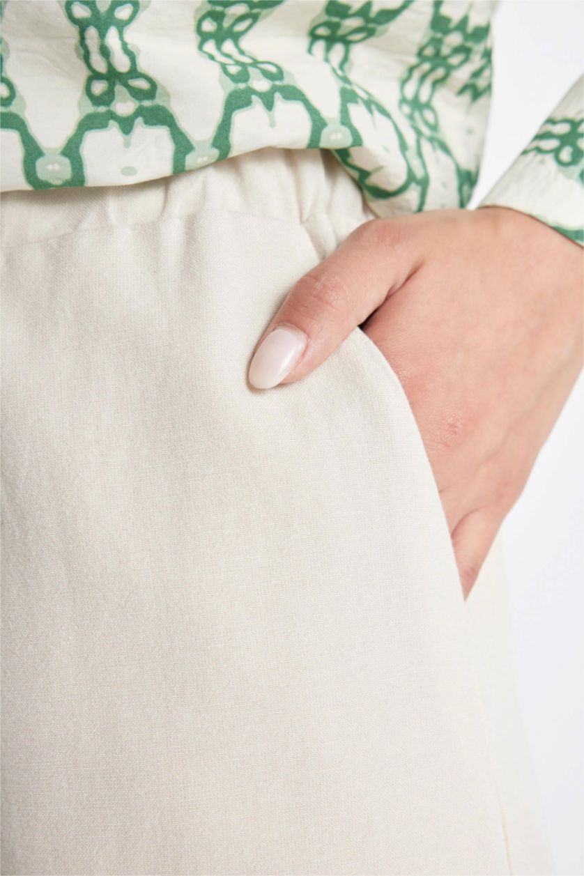 FEMME Beige Pantalon Palazzo en Lin Mélangé