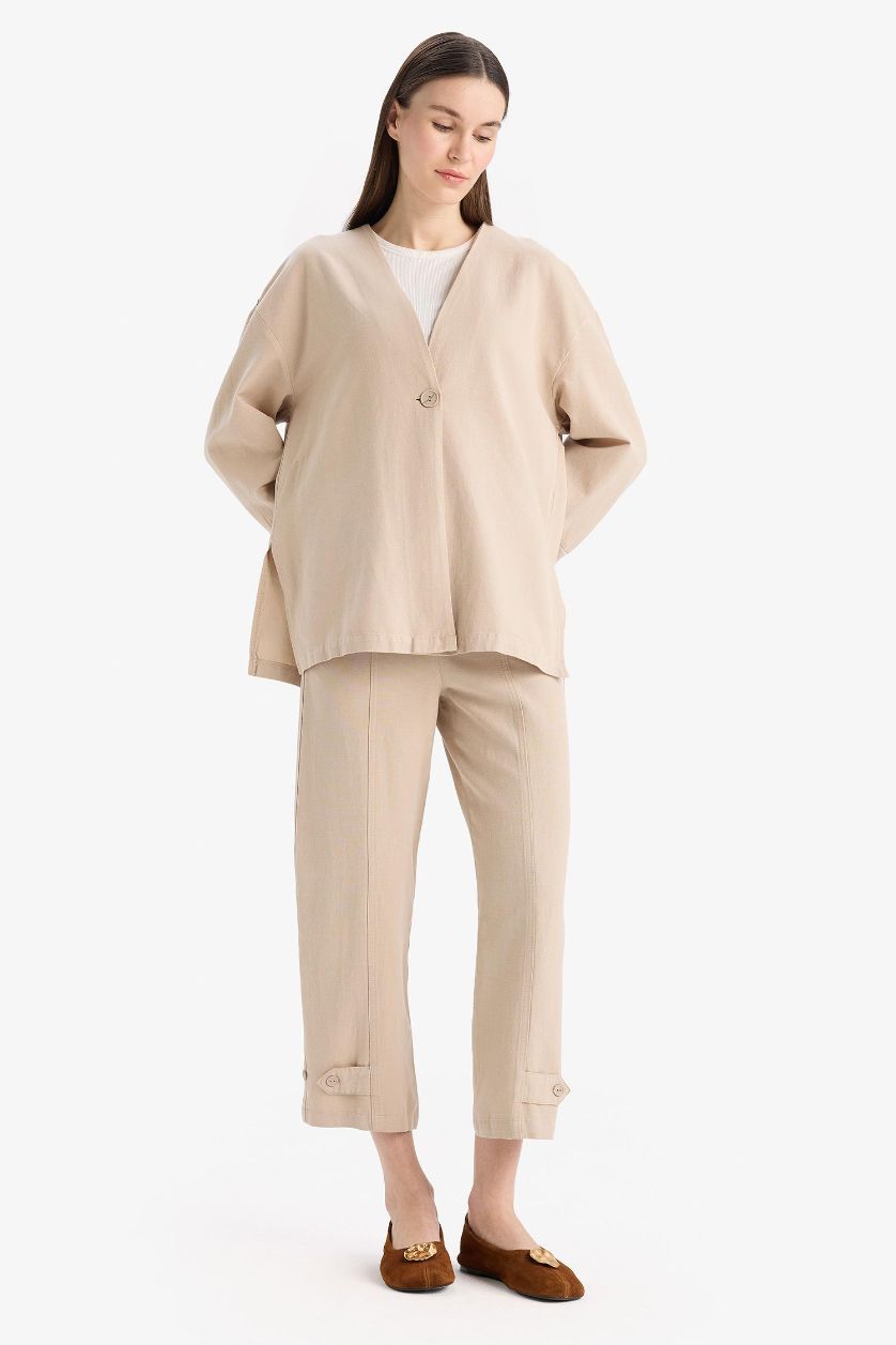 Kadın Bej Keten Karışımlı Basic Düz Kısa Paça Harem Pantolon