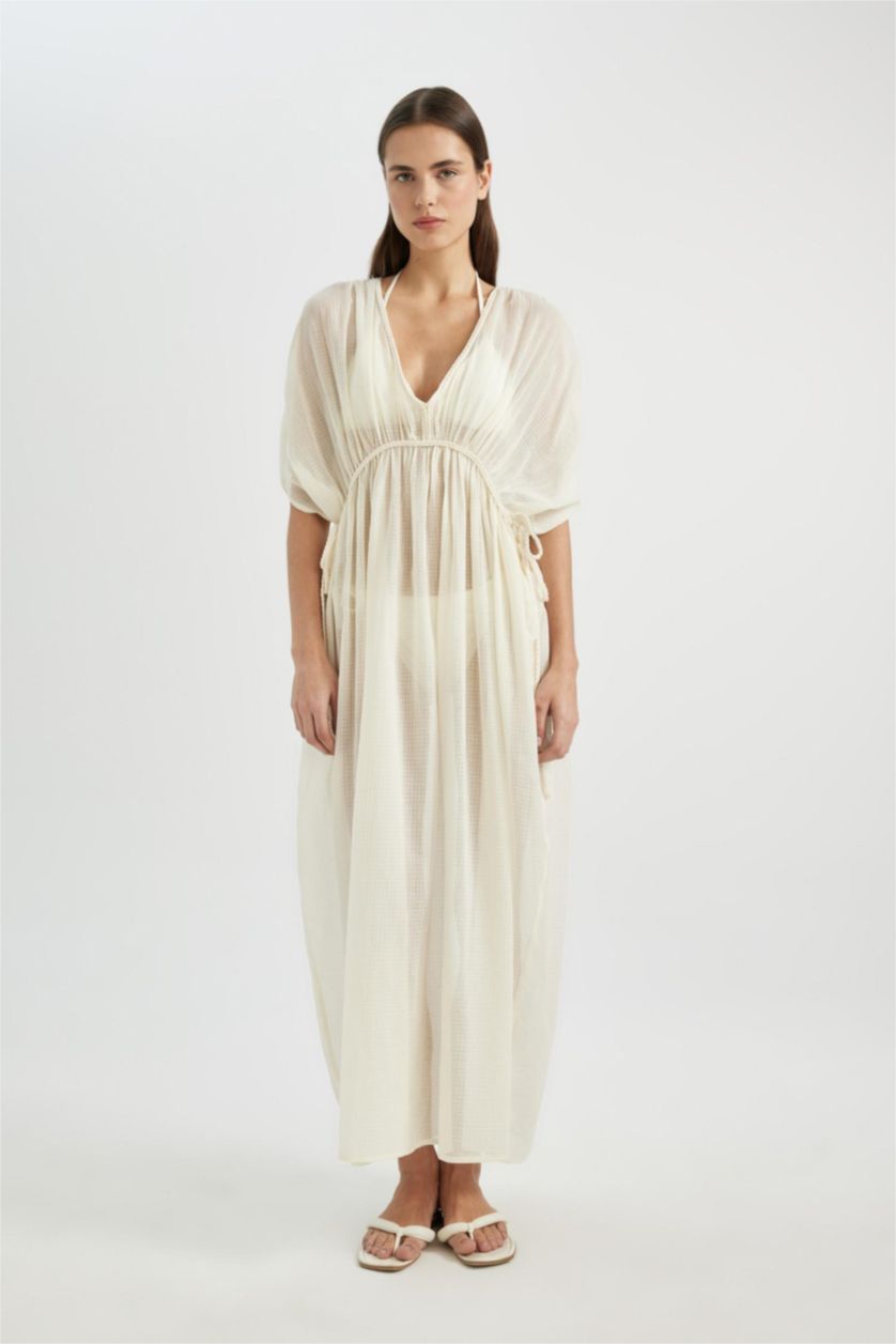 Kadın Ekru Regular Fit Pamuklu Plaj Elbisesi-Fall in Love