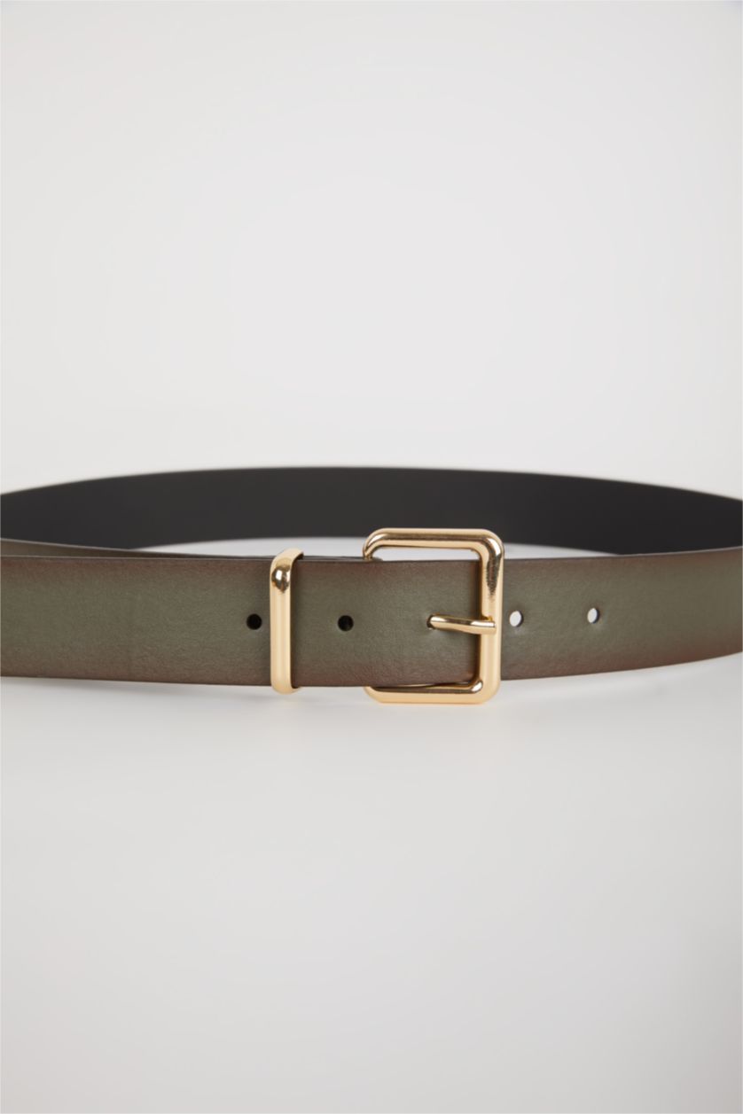 Kadın Haki Kadın Dikdörtgen Toka Suni Deri Jean Kemeri