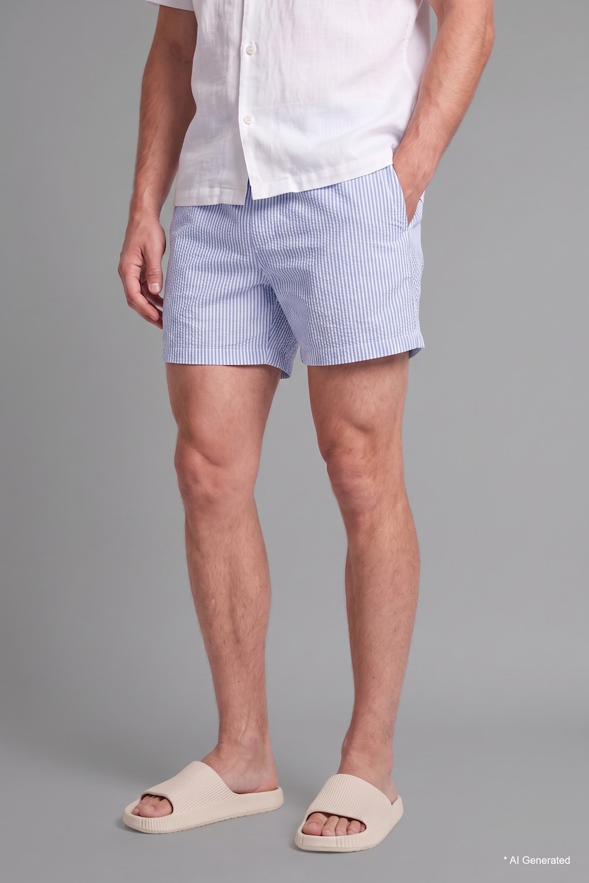 Men Light Blue Striped Short Swim Shorts