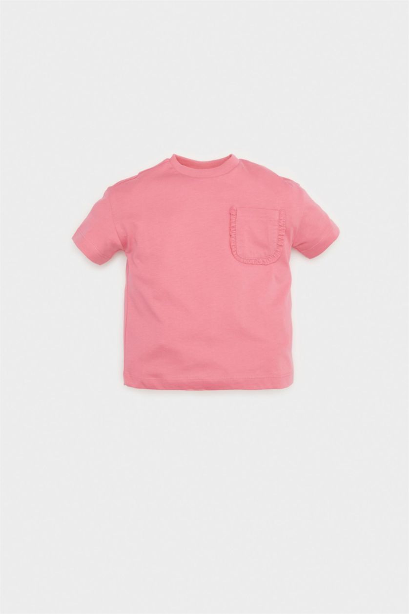 Kız Bebek Pembe Bisiklet Yaka Basic Düz Kısa Kollu Tişört Kız Bebek