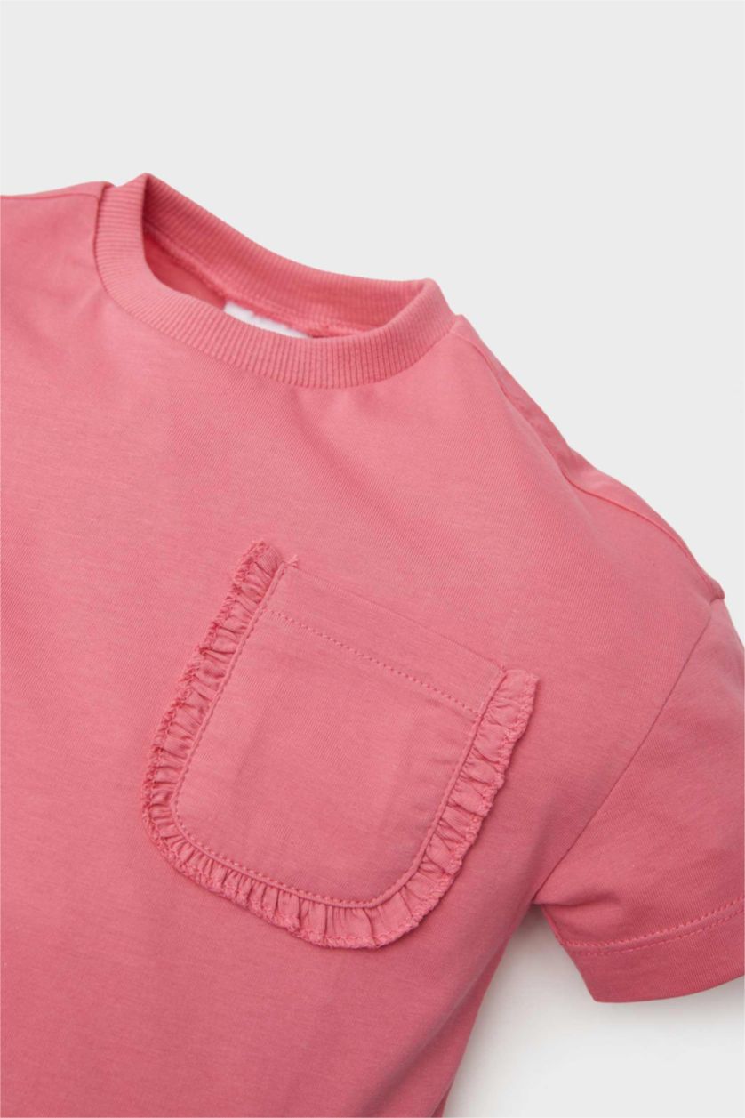 Kız Bebek Pembe Bisiklet Yaka Basic Düz Kısa Kollu Tişört Kız Bebek