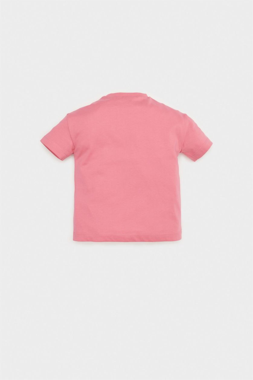 Kız Bebek Pembe Bisiklet Yaka Basic Düz Kısa Kollu Tişört Kız Bebek