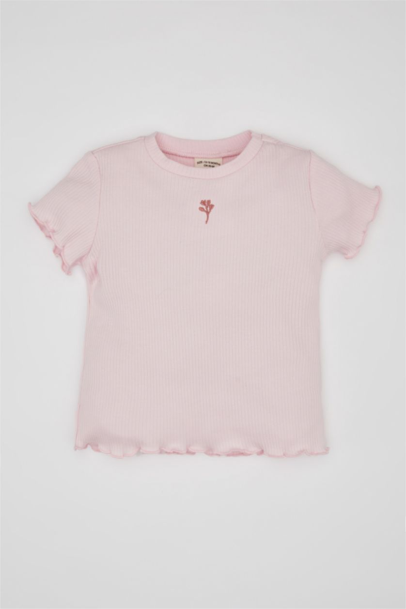 Baby Girl Light Pink Baby Girl Crew Neck Floral Ribbed Camisole T-Shirt