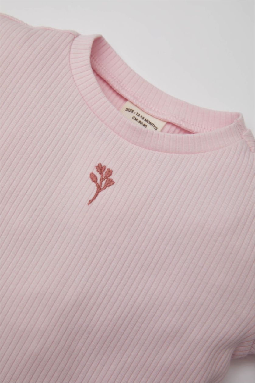 Baby Girl Light Pink Baby Girl Crew Neck Floral Ribbed Camisole T-Shirt