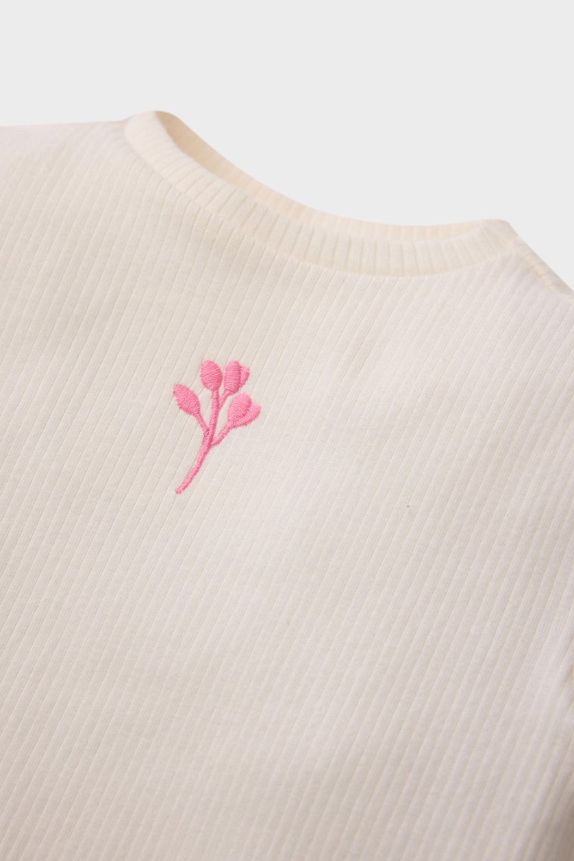 Baby Girl Ecru Girl Crew Neck Ribbed Camisole Floral T-Shirt