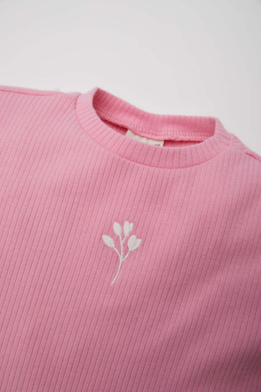 Kız Bebek Pembe Bisiklet Yaka Çiçekli Fitilli Kaşkorse Kısa Kollu Tişört Kız Bebek