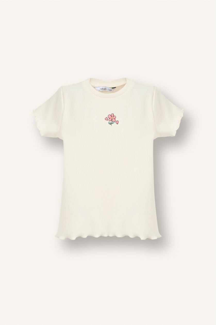 Kız Bebek Ekru Regular Fıt Bisiklet Yaka Çiçekli Fitilli Kaşkorse Kısa Kollu Tişört Kız Bebek
